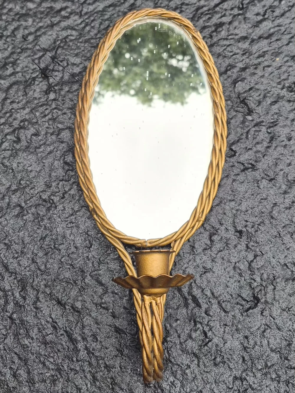 Vintage Oval Hand Mirror with Braided Frame - Gold Tone